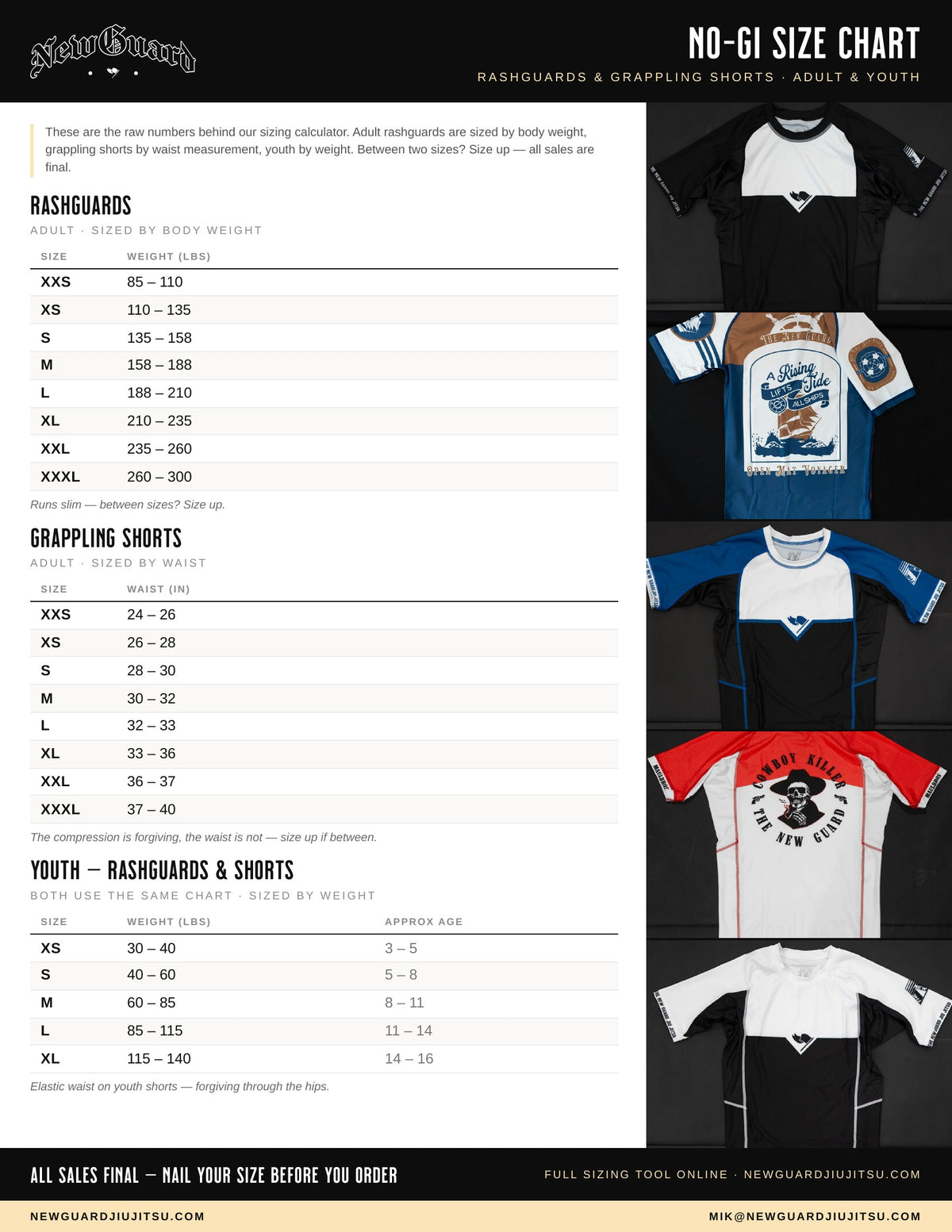 New Guard no-gi size chart